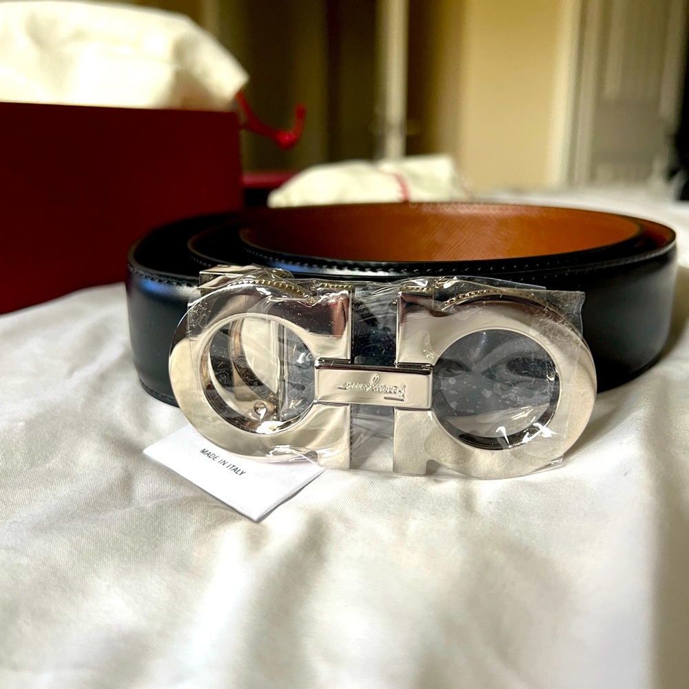 Ferragamo black/silver buckle mens belt